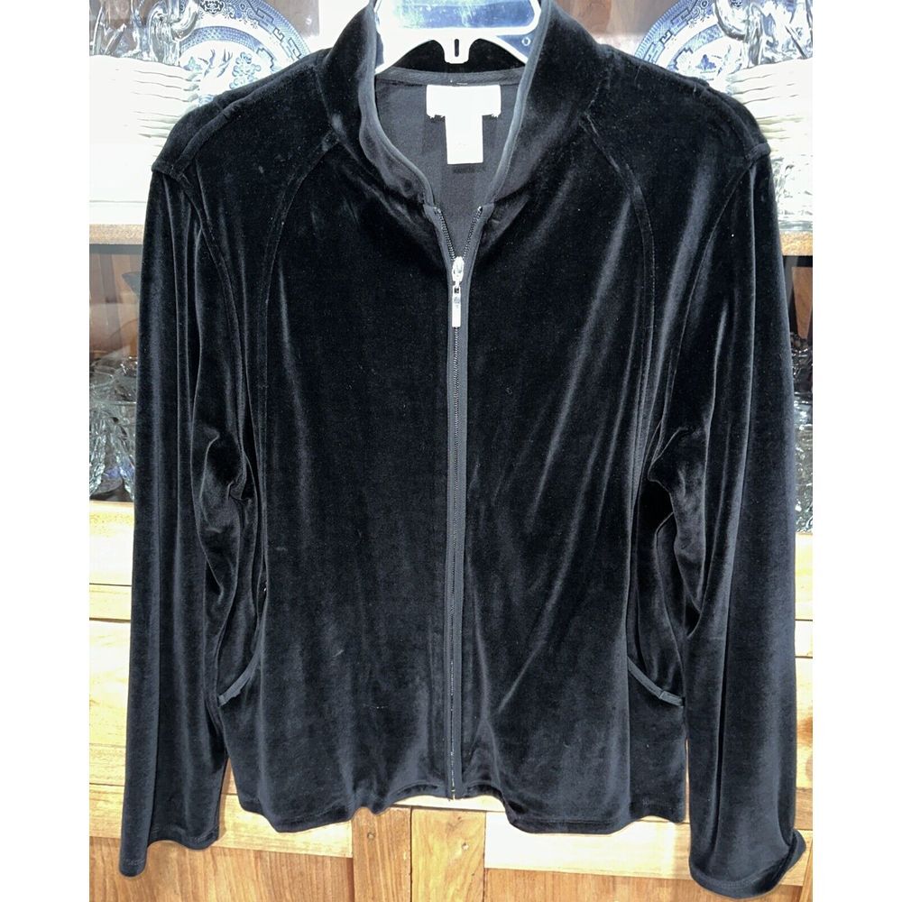 Talbots Velvet Velour Track Jacket‎ Black Vintage Lounge Size Large
